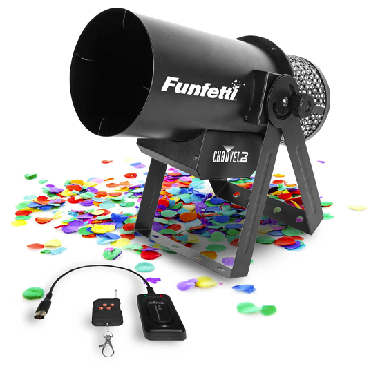 A confetti projector with audio and remote control.