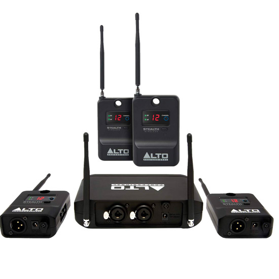 A set of wireless microphones and transmitters for audio rental.