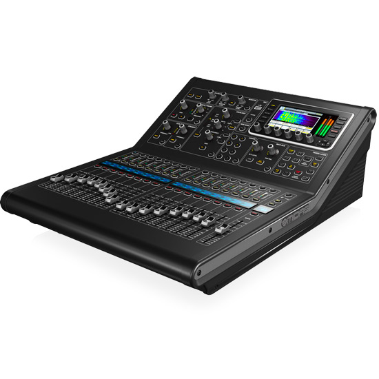 A digital mixing console featuring a keyboard and other controls, suitable for Audio and Video Services rental.