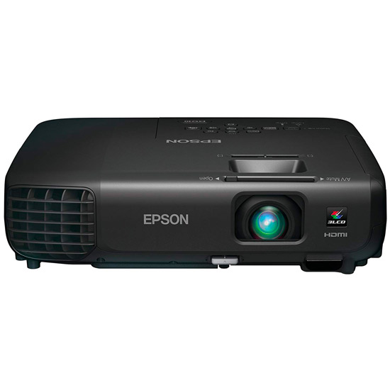 Epson projector on a white background, showcasing its high-quality video display.